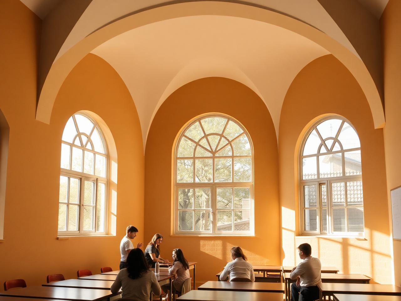 Klassenzimmer mit Bogenfenstern
